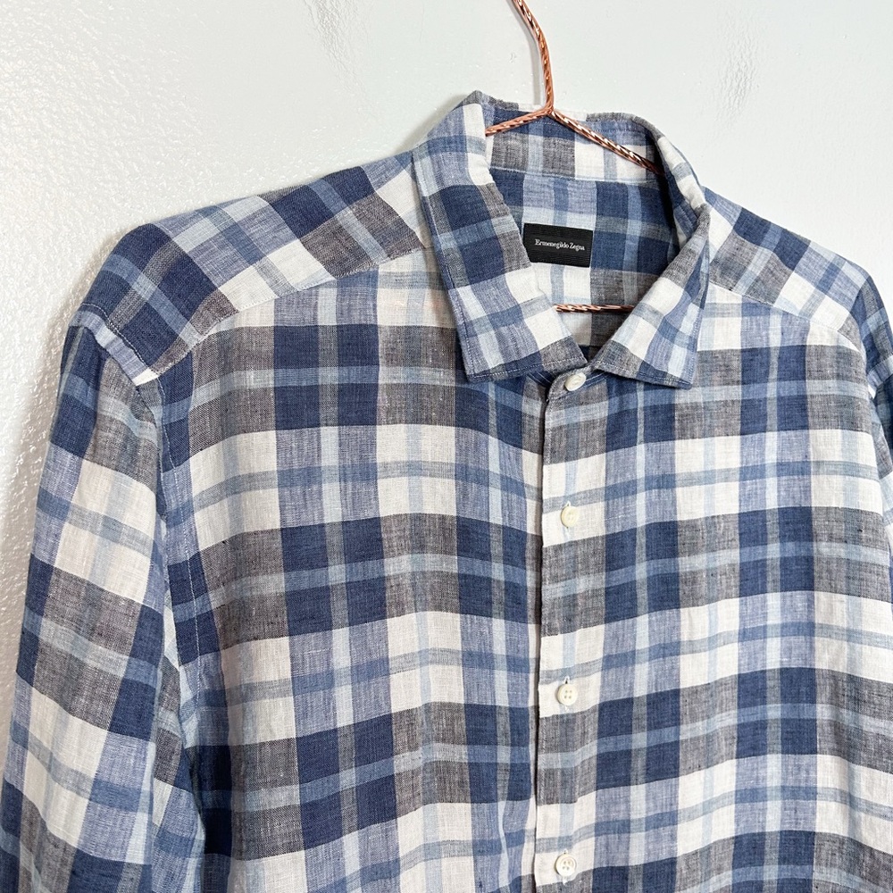 Ermenegildo Zegna Linen Blue Checkered Plaid Shirt - Picture 3 of 8